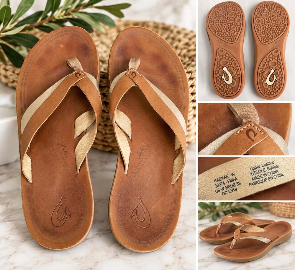 OluKai Kaekae Size 9 Leather Flip Flop Sandals
